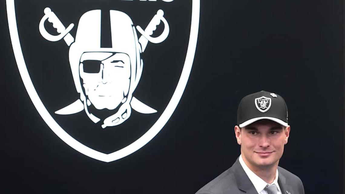  Apr 24, 2026; Henderson, NV, USA; Las Vegas Raiders quarterback Fernando Mendoza at introductory press conference at Intermountain Health Performance Center after being selected as the No. 1 pick in the 2026 NFL Draft. Mandatory Credit: Kirby Lee-Imagn Images | Kirby Lee-Imagn Images 