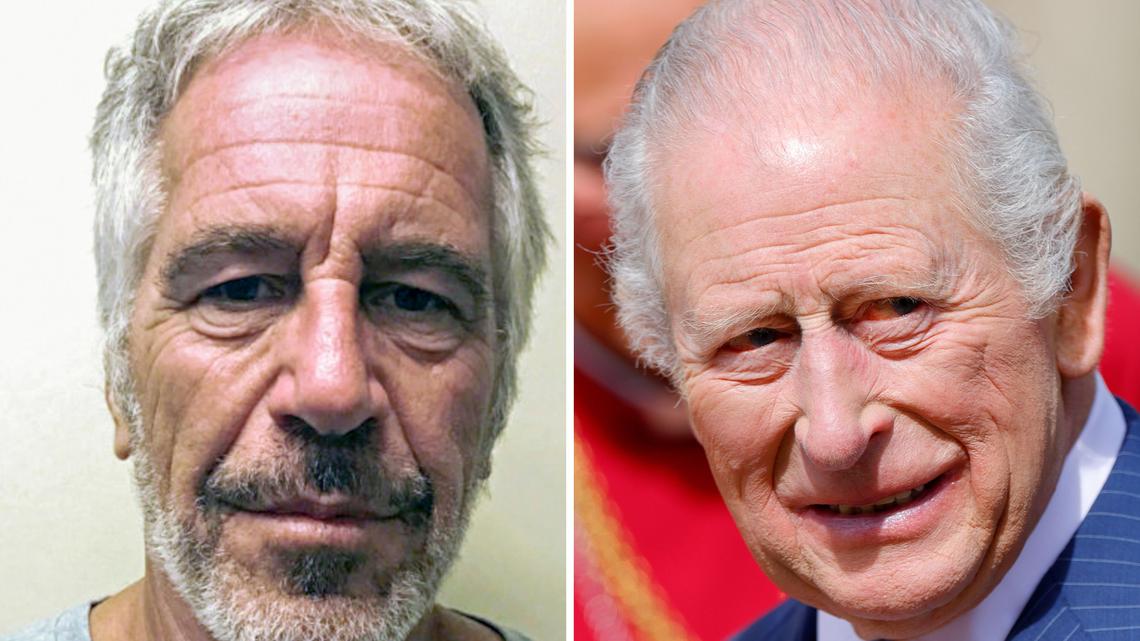 Jeffrey Epstein and King Charles III. Jeffrey Epstein is pictured in a mugshot image released following his arrest by the FBI in 2019. King Charles III attends the traditional Easter Sunday Mattins Service at St George's Chapel, Windsor Castle on April 5, 2026.