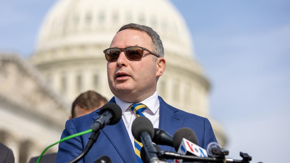 Alex Vindman speaks to media outside the US Captiol on March 13, 2024, in Washington, D.C. VoteVets held a press conference with senators and representatives pushing for an aid bill for Ukraine. (Tasos Katopodis/Getty Images for VoteVets/TNS)