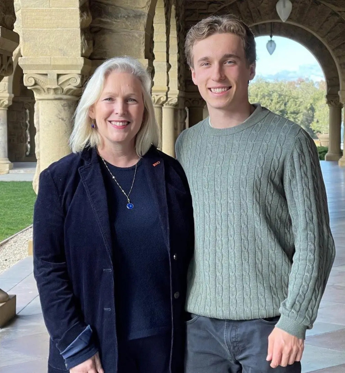  U.S. Senator Kirsten Gillibrand, left, poses with son Theodore Gillibrand, 22, who raised the funding round at a $300 million valuation for American Perpetuals Exchange Corporation, or APEC. (Instagram/kirstengillibrand) 
