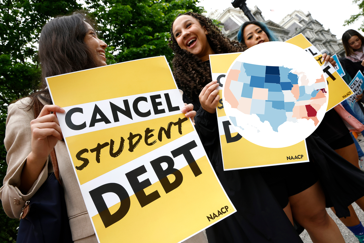  Main: Student loan borrowers protest near the White House on May 12, 2020. Insert: Flourish map depicting student loan debt by state. 