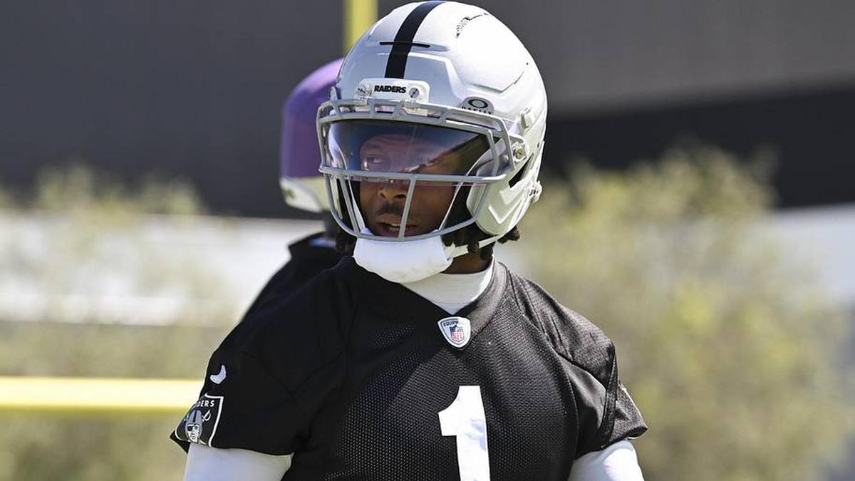  May 28, 2026; Henderson, NV, USA; Las Vegas Raiders wide receiver Tre Tucker (1) runs through a drill during organized team activities at Intermountain Health Performance Center. Mandatory Credit: Candice Ward-Imagn Images | Candice Ward-Imagn Images 