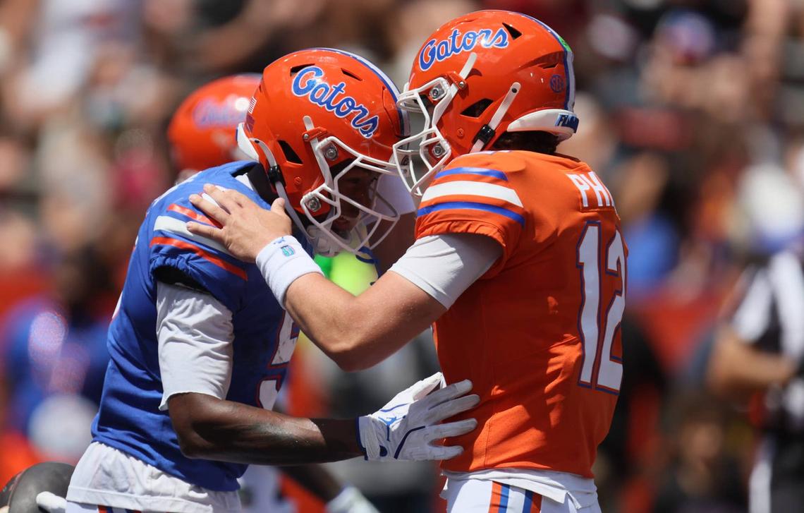  Florida receiver Micah Mays Jr. and quarterback Aaron Philo celebrate during the Orange and Blue game at Ben Hill Griffin Stadium in Gainesville, Florida, on Saturday, April 11, 2026. © Alan Youngblood/Gainesville Sun / USA TODAY NETWORK via Imagn Images