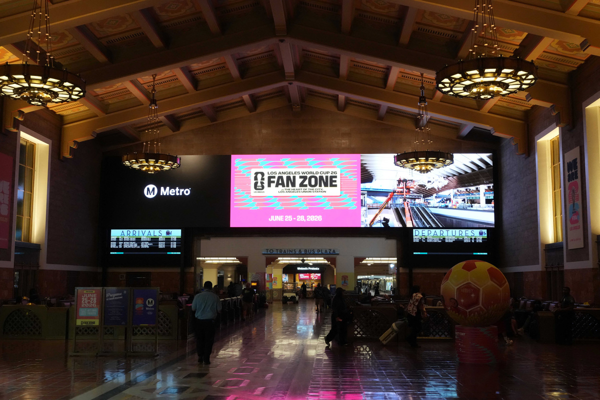 Jun 10, 2026; Santa Monica, California, USA; FIFA World Cup 2026 Fan Zone signage at Los Angeles Union Station. Mandatory Credit: Kirby Lee-Imagn Images