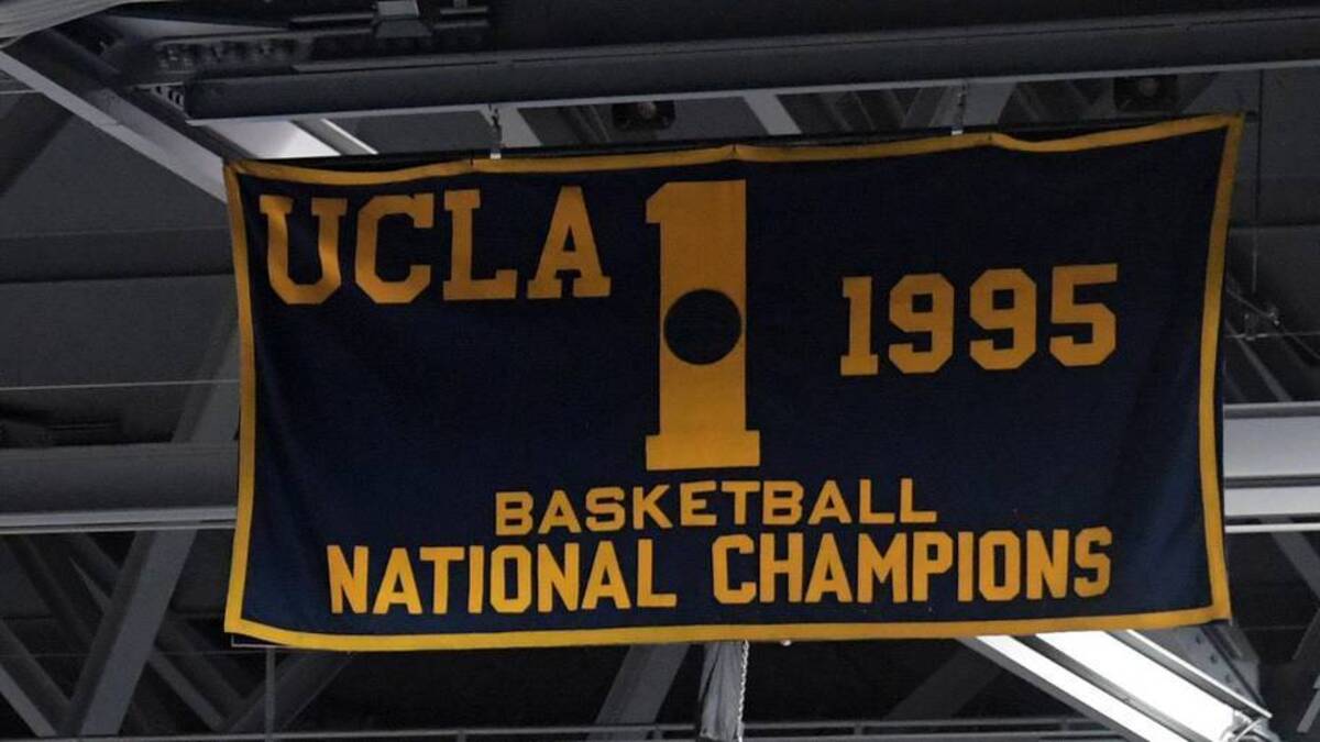  Nov 15, 2017; Los Angeles, CA, USA; NCAA Championship banners from 1973 and 1975 and 1995 won by the UCLA Bruins are seen on display before a game against the Central Arkansas Bears at Pauley Pavilion. Mandatory Credit: Kirby Lee-Imagn Images | Kirby Lee-Imagn Images 