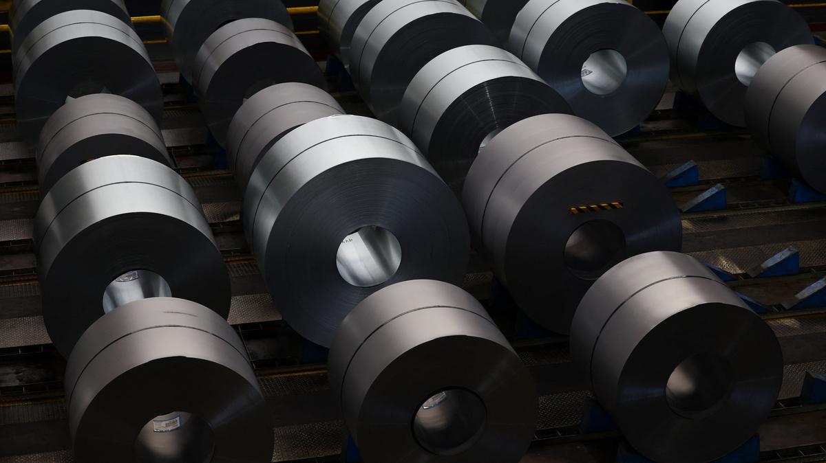 Steel coils are displayed at a ThyssenKrupp steel factory in Duisburg, Germany, November 5, 2025. REUTERS/Leon Kuegeler