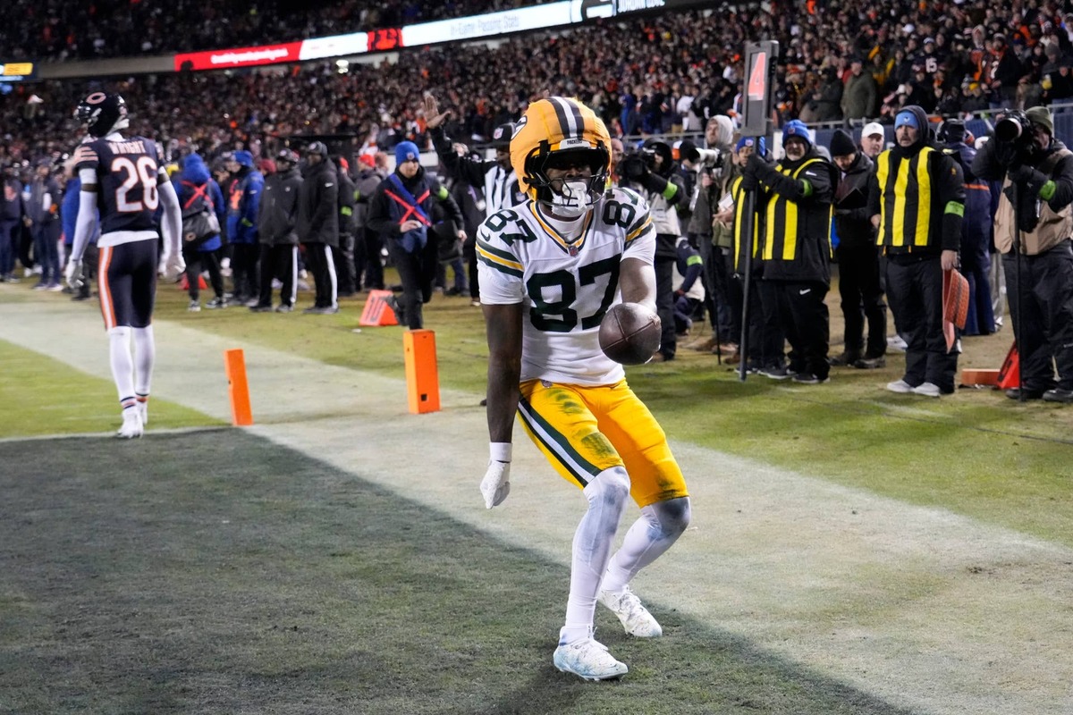  Green Bay Packers wide receiver Romeo Doubs (87) reacts after scoring a touchdown against the Chicago Bears on Jan. 10, 2026. David Banks-Imagn Images