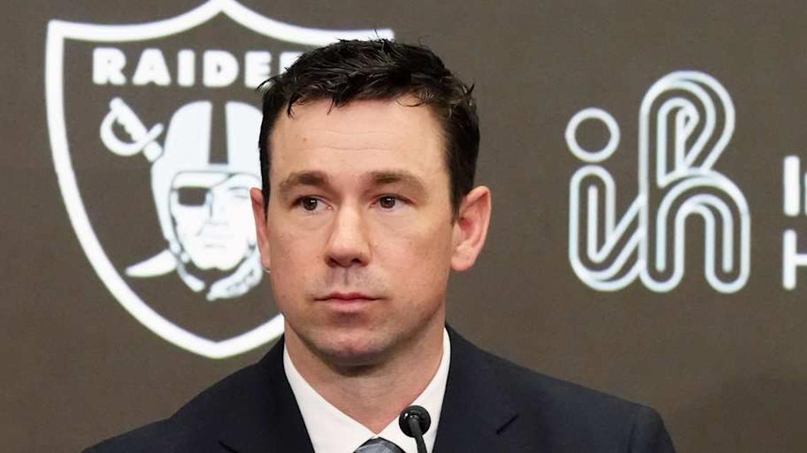  Feb 10, 2026; Henderson, NV, USA; Las Vegas Raiders coach Klint Kubiak (left) and general manager John Spytek at introductory press conference at Intermountain Health Performance Center. Mandatory Credit: Kirby Lee-Imagn Images | Kirby Lee-Imagn Images 