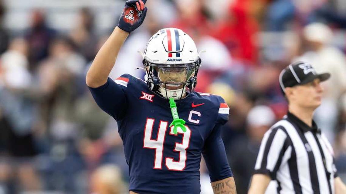  Nov 22, 2025; Tucson, Arizona, USA; Arizona Wildcats defensive back Dalton Johnson (43) against the Baylor Bears at Casino Del Sol Stadium. Mandatory Credit: Mark J. Rebilas-Imagn Images | Mark J. Rebilas-Imagn Images 