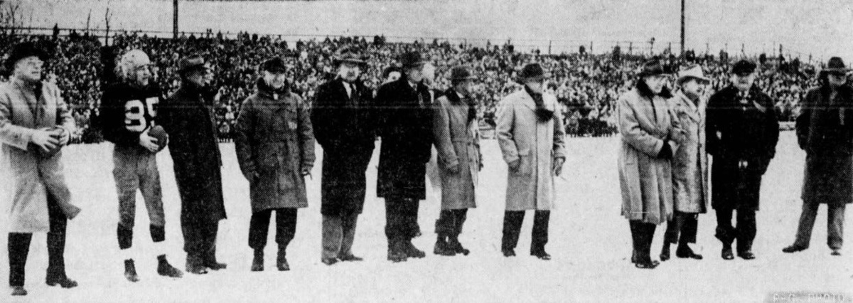 This 1949 photo of the inaugural 1919 Green Bay Packers was taken in the snow during the Thanksgiving Day All Star game at City Stadium. Pictured are (left to right): Herman Martell, Herb Nichols, Martin Zoll, Al Petcka, Sam Powers, Gus Rosenow, John Des Jardins, Andy Muldoon, Wally Ladrow, Manager George Calhoun, Carl Zoll and Jimmy Coffeen. Nate Abrams had died. Art Schmaehl and Henry "Tubby" Bero were alive, but could not attend. Samuel "Sam or Sammy" Richard Powers Sr. was the first husband of Grace Marie Dixon Powers Martin, who owned Earl's Hideaway biker bar in Sebastian, Florida, from 1965 until she died in 1973.