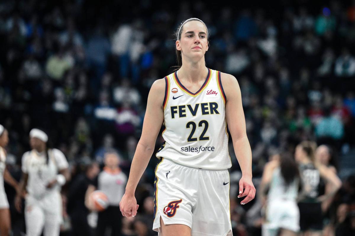  Apr 25, 2026; Brooklyn, NY, USA; Indiana Fever guard Caitlin Clark (22) during the first half against the New York Liberty at Barclays Center. Mandatory Credit: John Jones-Imagn Images 