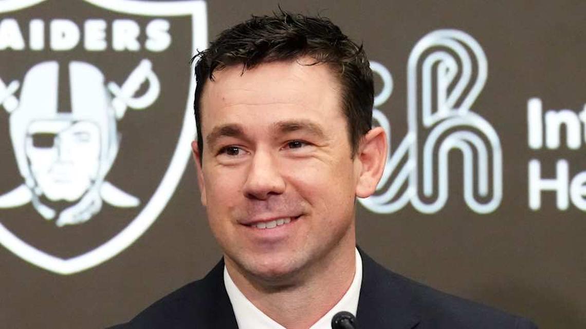 Feb 10, 2026; Henderson, NV, USA; Las Vegas Raiders coach Klint Kubiak speaks at introductory press conference at Intermountain Health Performance Center. Mandatory Credit: Kirby Lee-Imagn Images | Kirby Lee-Imagn Images 