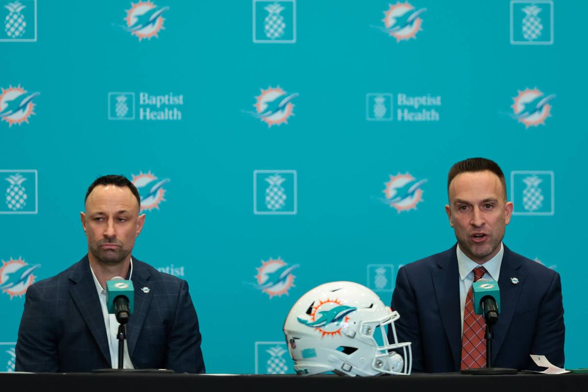  Miami Dolphins head coach Jeff Hafley, right, joined by general manager Jon-Eric Sullivan. 