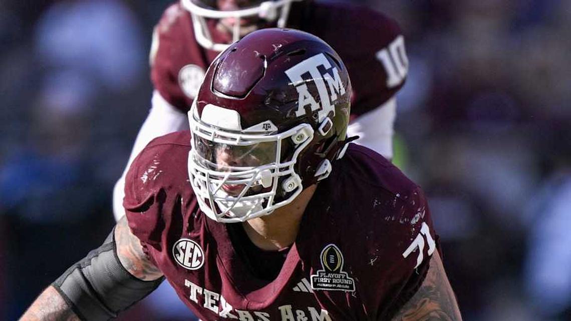  Dec 20, 2025; College Station, TX, USA; Texas A&M Aggies offensive lineman Chase Bisontis (71) blocks the rush during the game between the Aggies and the Hurricanes at Kyle Field. Mandatory Credit: Jerome Miron-Imagn Images | Jerome Miron-Imagn Images 