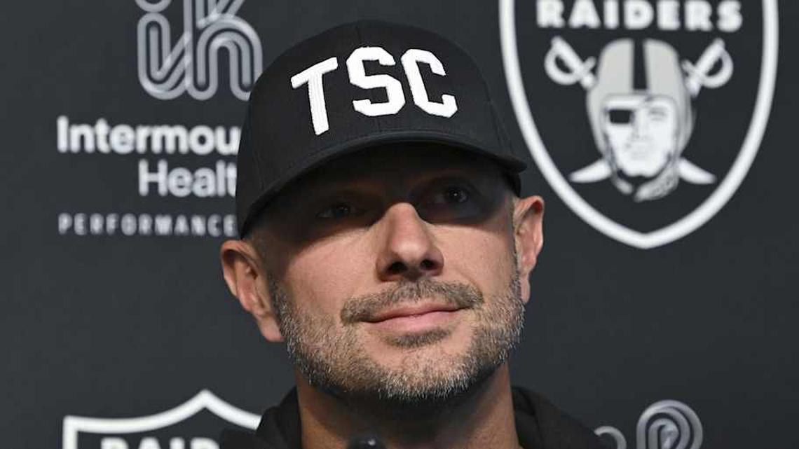  Apr 25, 2025; Henderson, NV, USA; (L-R) Las Vegas Raiders general manager John Spytek during a news conference introducing Ashton Jeanty as the first round draft pick in the 2025 NFL Draft at Intermountain Health Performance Center. Mandatory Credit: Candice Ward-Imagn Images | Candice Ward-Imagn Images 