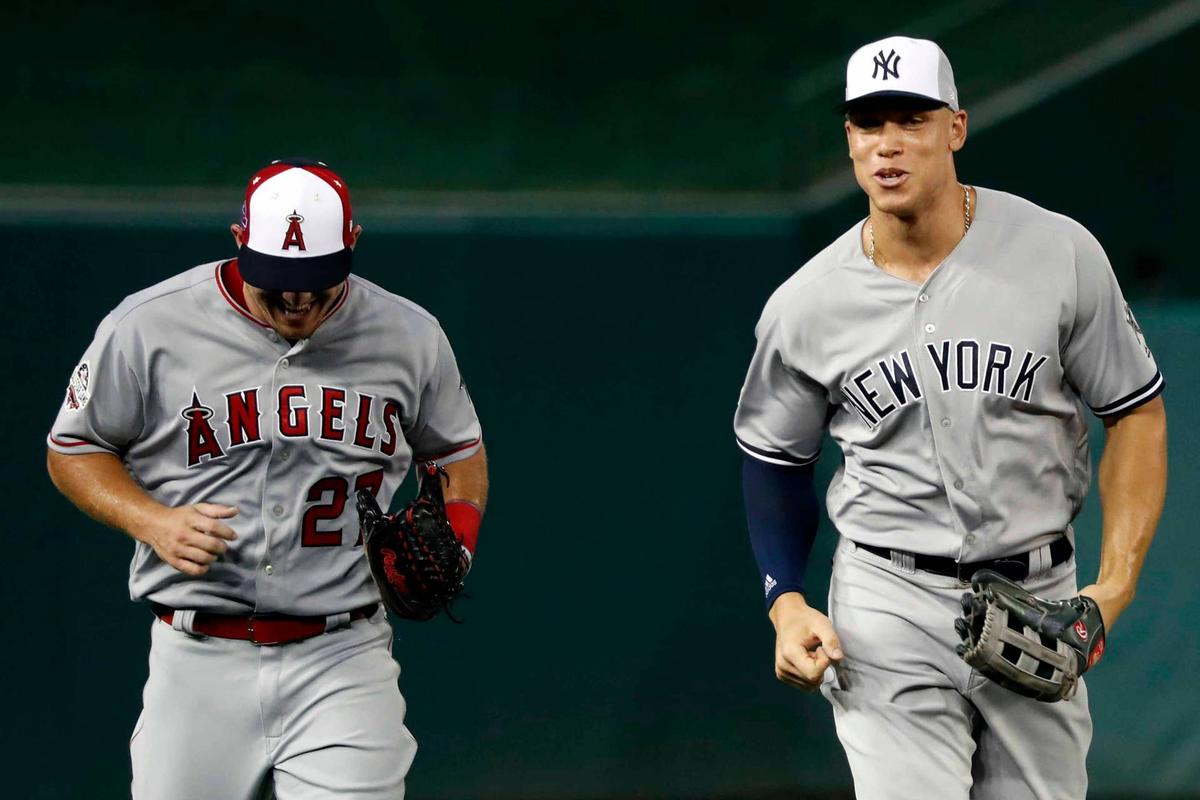  Aaron Judge, right, and Mike Trout are seen during the 2018 MLB All-Star Game at Nationals Park. Geoff Burke-USA TODAY Sports