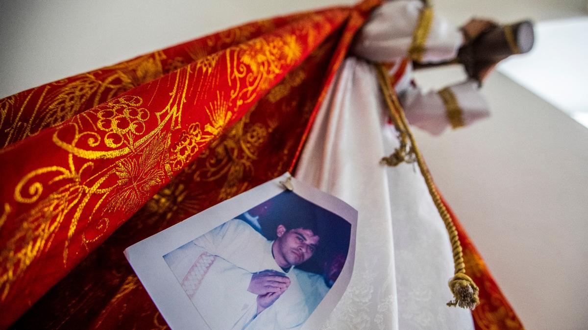 An image of Bishop Rolando Álvarez is attached to a robe on a statue of Jesus Christ in the Cathedral of Matagalpa, Nicaragua on Aug. 19.