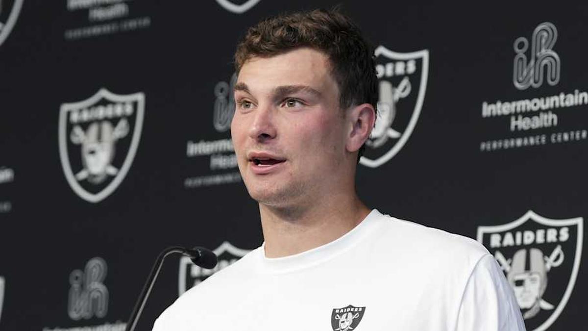  May 2, 2026; Henderson, NV, USA; Las Vegas Raiders quarterback Fernando Mendoza (15) speaks during a news conference at the team's Rookie Minicamp at Intermountain Health Performance Center. Mandatory Credit: Candice Ward-Imagn Images | Candice Ward-Imagn Images 