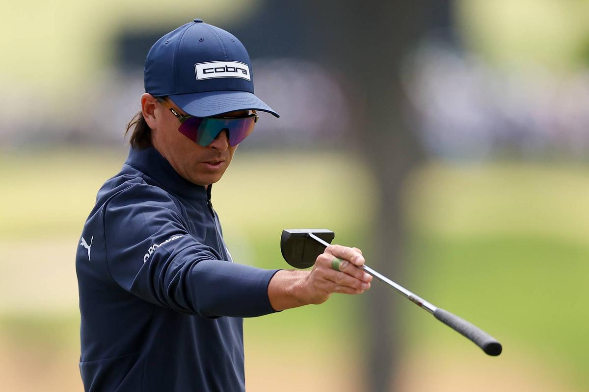  May 14, 2026; Newtown Square, Pennsylvania, USA; Rickie Fowler prepares to putt on the ninth green during the first round of the PGA Championship golf tournament at Aronimink Golf Club. Mandatory Credit: Bill Streicher-Imagn Images