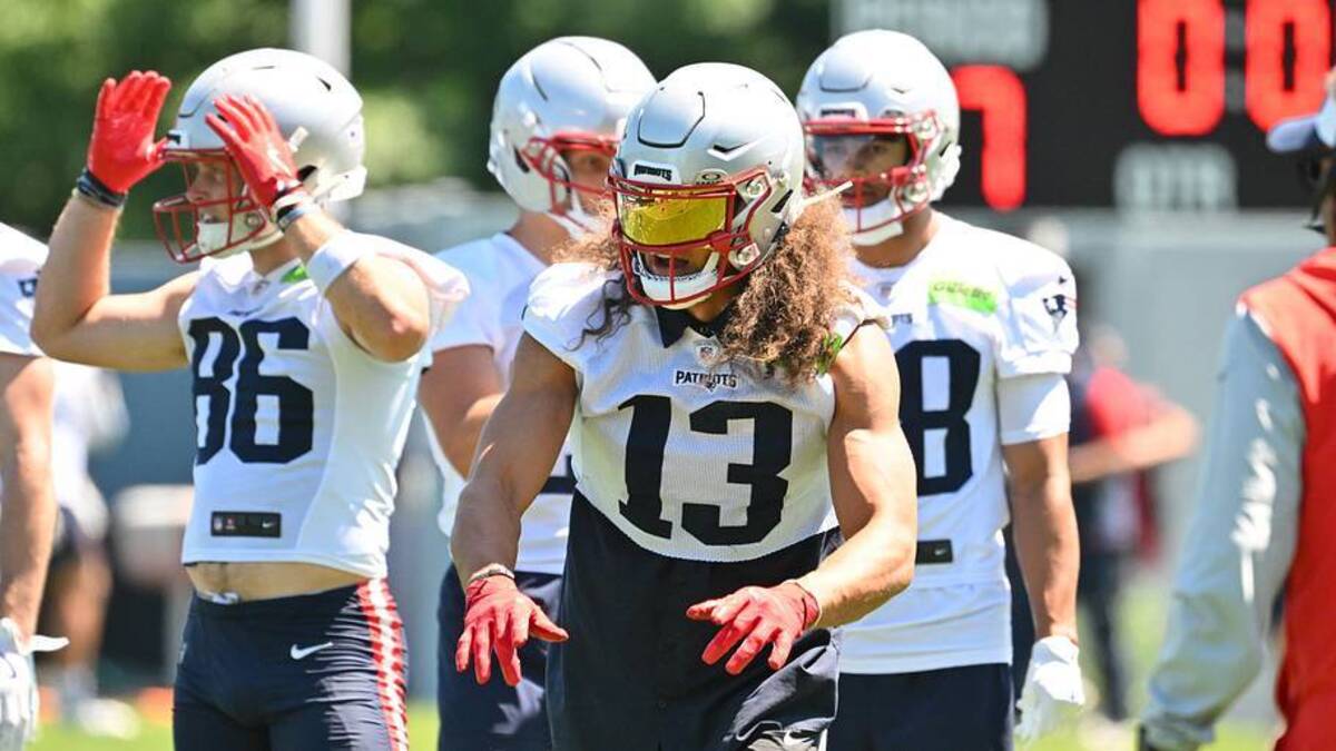  Jun 9, 2026; Foxborough, MA, USA; New England Patriots wide receiver Mack Hollins (13) waits his turn to do a drill at minicamp at Gillette Stadium. Mandatory Credit: Eric Canha-Imagn Images | Eric Canha-Imagn Images 