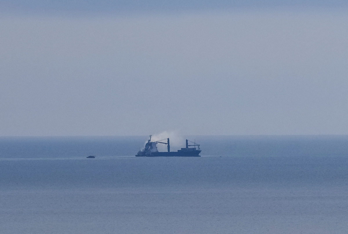 A civilian vessel is on fire, as Ukraine's navy spokesman reported a Russian military strike on a civilian vessel, amid Russia's attack on Ukraine, near the Black Sea port of Odesa, Ukraine, July 14, 2026. REUTERS/Nina Liashonok