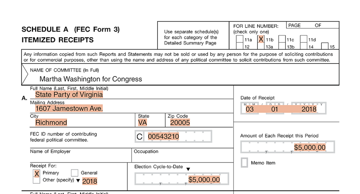  An example from the Federal Election Commission's website of one form that must be filled out when a political party makes a campaign donation. Federal Election Commission 