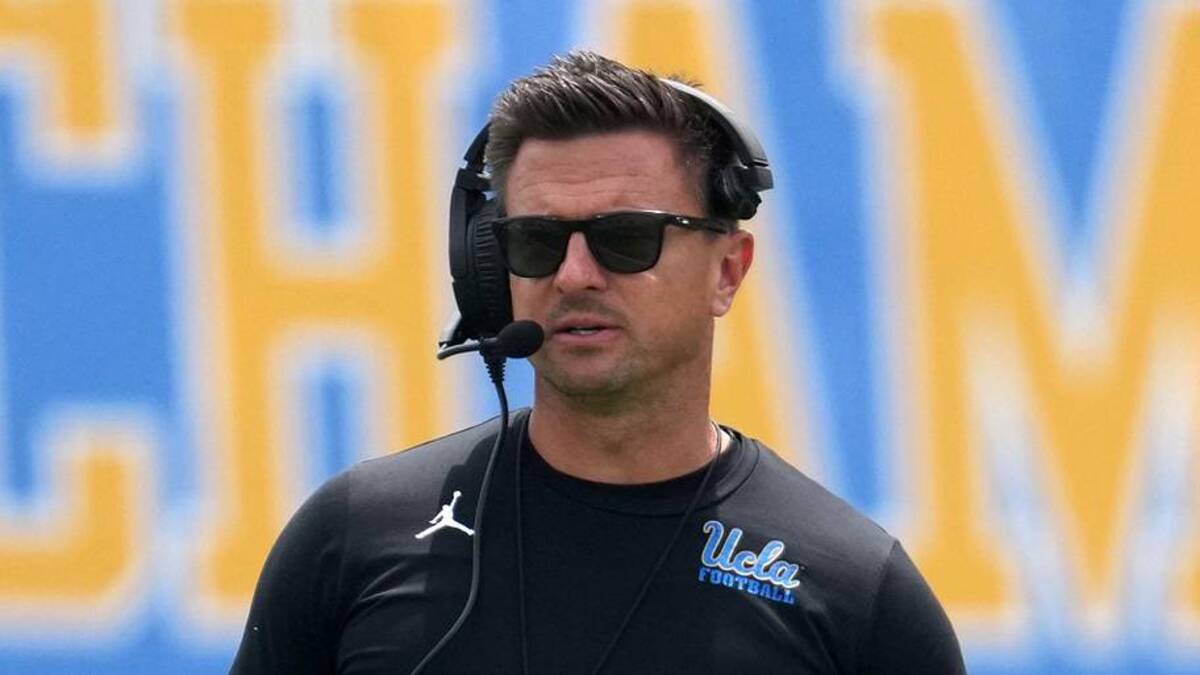  May 2, 2026; Pasadena, CA, USA; UCLA Bruins coach Bob Chesney reacts during the spring game at Rose Bowl. Mandatory Credit: Kirby Lee-Imagn Images | Kirby Lee-Imagn Images 