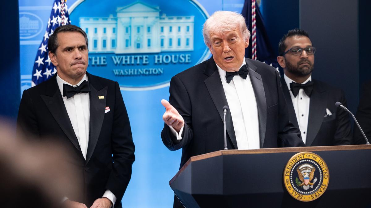 White House. President Donald Trump speaks alongside acting Attorney General Todd Blanche and FBI Director Kash Patel during a briefing at the White House shortly after a shooting at the White House Correspondents' Dinner at the Washington Hilton in Washington, D.C. on April 25, 2026. (Francis Chung/POLITICO via AP Images)