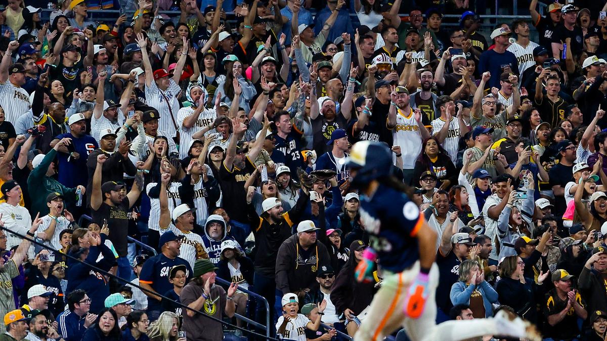 San Diego Padres fans celebrate as Fernando Tatis Jr. rounds the bases during the eighth inning against the Sacramento Athletics at Petco Park in late May. (Meg McLaughlin / The San Diego Union-Tribune)