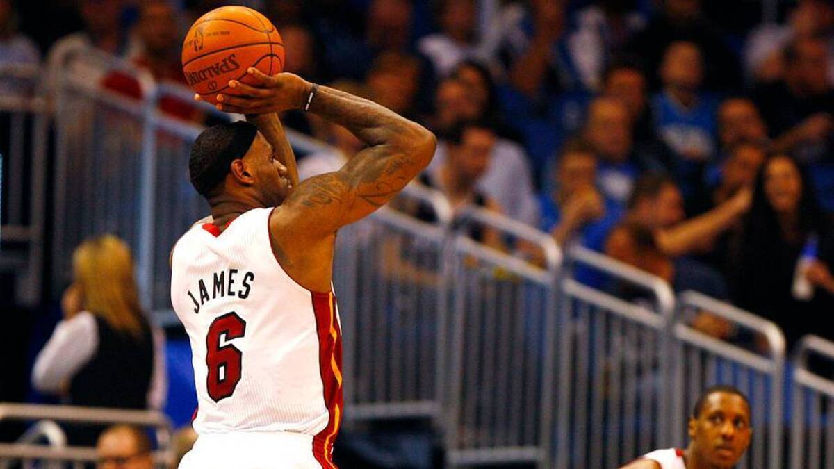  February 3, 2011; Orlando FL, USA; Miami Heat small forward LeBron James (6) shoots a three pointer during the second half against the Orlando Magic at Amway Center.Miami Heat defeated Orlando Magic 104-100. Mandatory Credit: Kim Klement-USA TODAY Sports | IMAGN IMAGES via Reuters Connect 