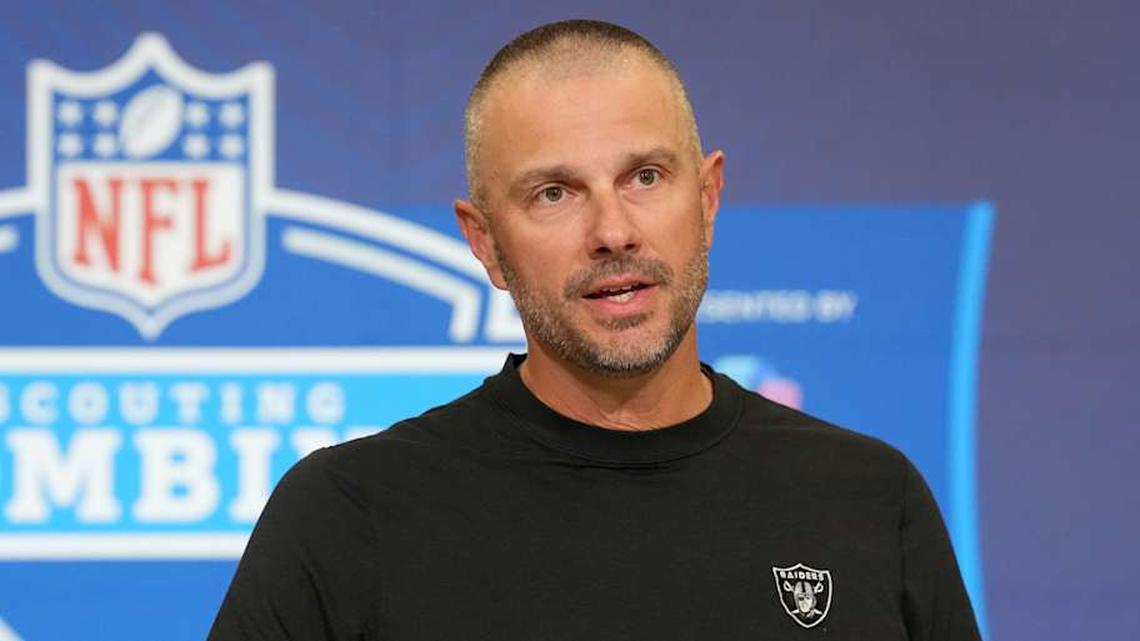  Feb 24, 2026; Indianapolis, IN, USA; Las Vegas Raiders general manager John Spytek speaks at the NFL Scouting Combine at the Indiana Convention Center. Mandatory Credit: Kirby Lee-Imagn Images | Kirby Lee-Imagn Images 