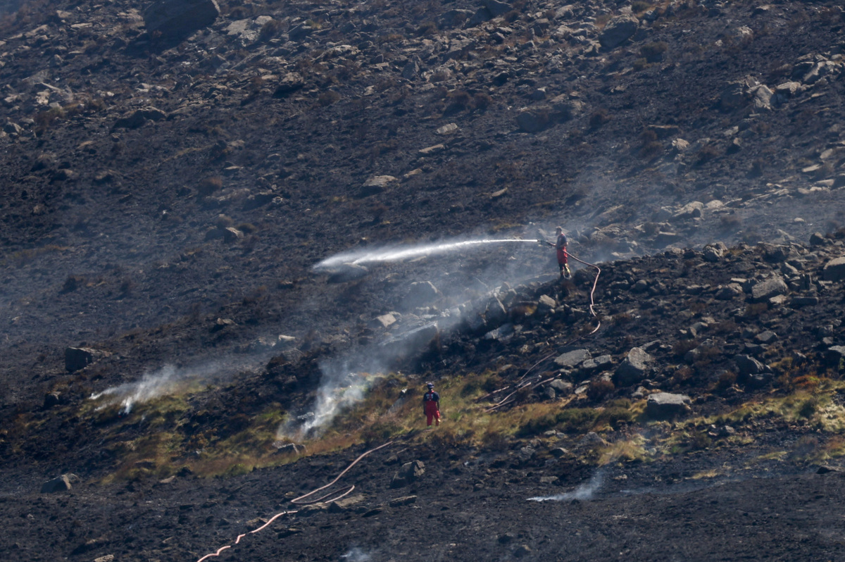 Firefighters fight a moorland blaze near the Dovestone Reservoir in Manchester, Britain, July 13, 2026. REUTERS/Temilade Adelaja