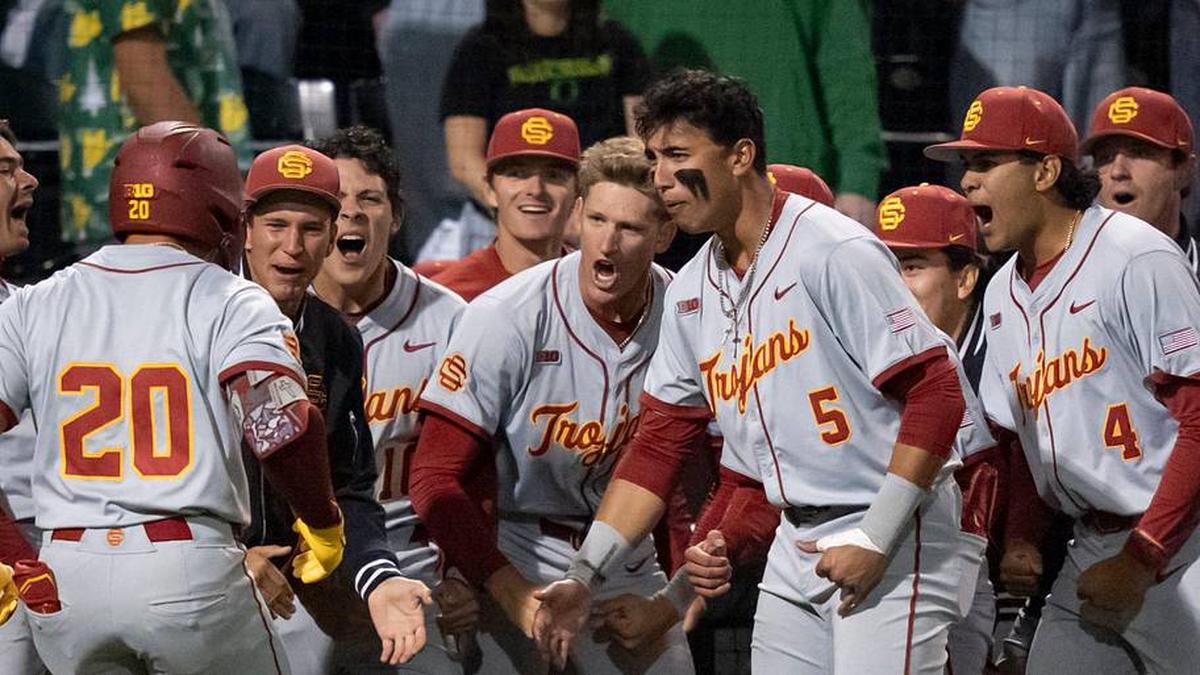  USC celebrates a home run by Isaac Cadena (20) as the Oregon Ducks host the USC Trojans on May 14, 2026, in Eugene, Oregon. | Ben Lonergan/The Register-Guard / USA TODAY NETWORK via Imagn Images 