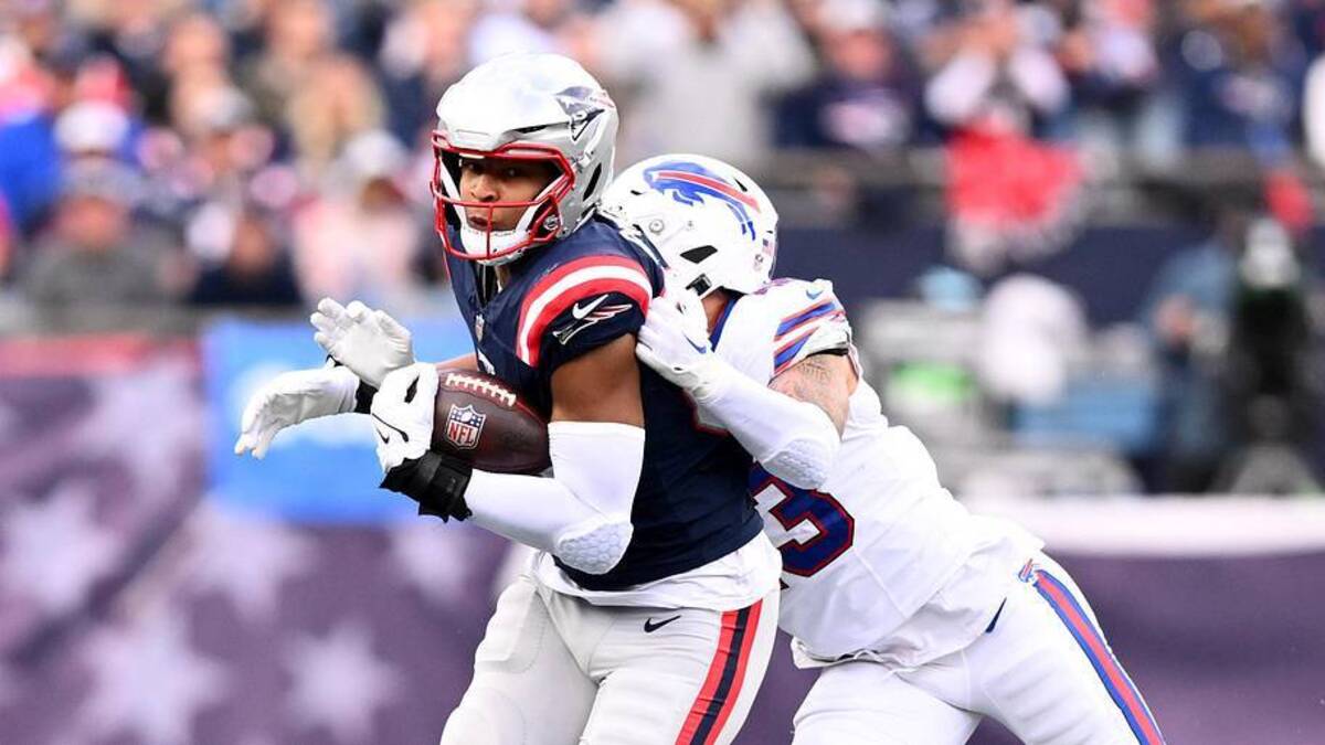  Oct 22, 2023; Foxborough, Massachusetts, USA; Buffalo Bills linebacker Terrel Bernard (43) tackles New England Patriots tight end Pharaoh Brown (86) during the second half at Gillette Stadium. Mandatory Credit: Brian Fluharty-Imagn Images | Brian Fluharty-Imagn Images 