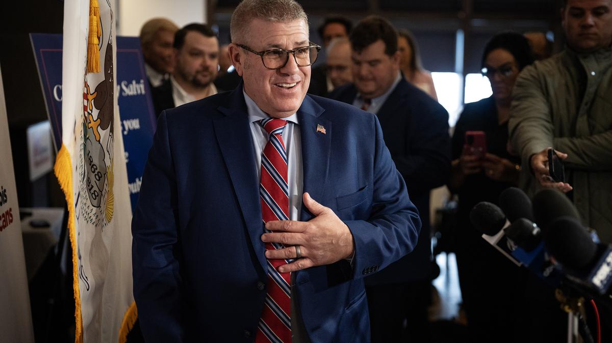 Illinois Republican gubernatorial candidate Darren Bailey speaks to the media after his primary victory at an Illinois GOP unity breakfast in Naperville, Illinois, on March 18, 2026. (E. Jason Wambsgans/Chicago Tribune/TNS)