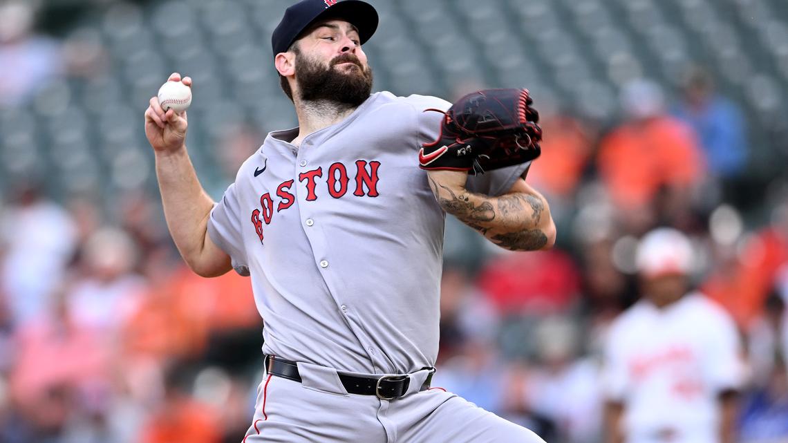 Lucas Giolito of the Boston Red Sox pitches in the first inning against the Baltimore Orioles at Oriole Park at Camden Yards on Tuesday, Aug. 26, 2025, in Baltimore. (Greg Fiume/Getty Images/TNS)