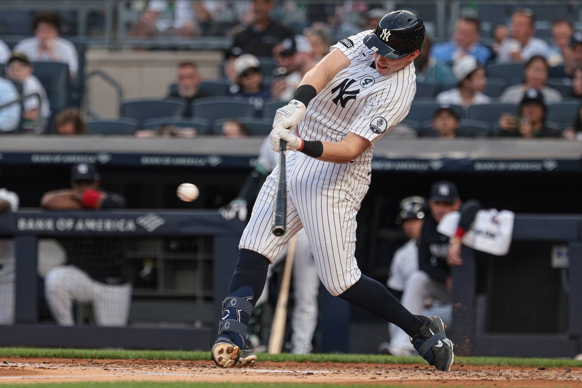  Jun 2, 2026; Bronx, New York, USA; New York Yankees first baseman Ben Rice (22) singles during the third inning against the Cleveland Guardians at Yankee Stadium. Mandatory Credit: Vincent Carchietta-Imagn Images Mandatory Credit: Vincent Carchietta-Imagn Images