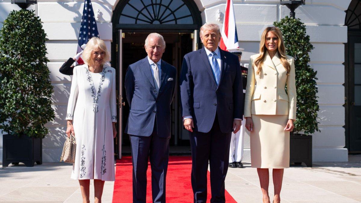 Britain's King Charles III (2nd L) and Queen Camilla (L) are greeted by President Donald Trump (2nd R) and First Lady Melania Trump at the White House in Washington D.C., on Monday at the start of a four day state visit. Photo by Allison Robbert/UPI