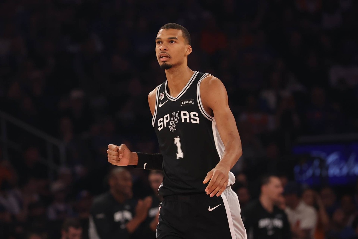  Jun 8, 2026; New York, New York, USA; San Antonio Spurs forward Victor Wembanyama (1) looks on during game three of the 2026 NBA Finals against the New York Knicks in the first quarter at Madison Square Garden. Mandatory Credit: Geoff Burke-Imagn Images 