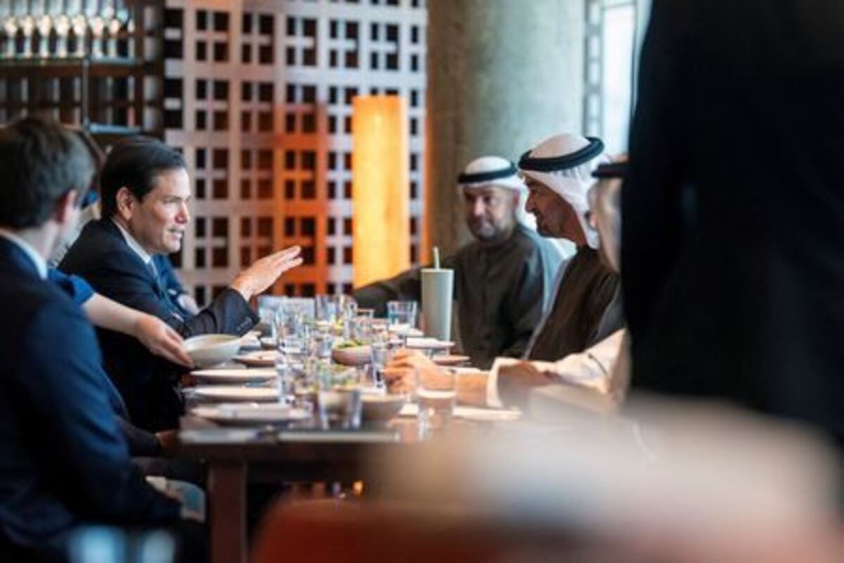 HH Sheikh Abdullah bin Zayed Al Nahyan, UAE Deputy Prime Minister and Minister of Foreign Affairs, and Marco Rubio, Secretary of State of of the United States of America, meet at Zuma restaurant, at Al Maryah Island, Abu Dhabi, United Arab Emirates, June 24, 2026.   Abdulla Al Neyadi / UAE Presidential Court/Handout via REUTERS