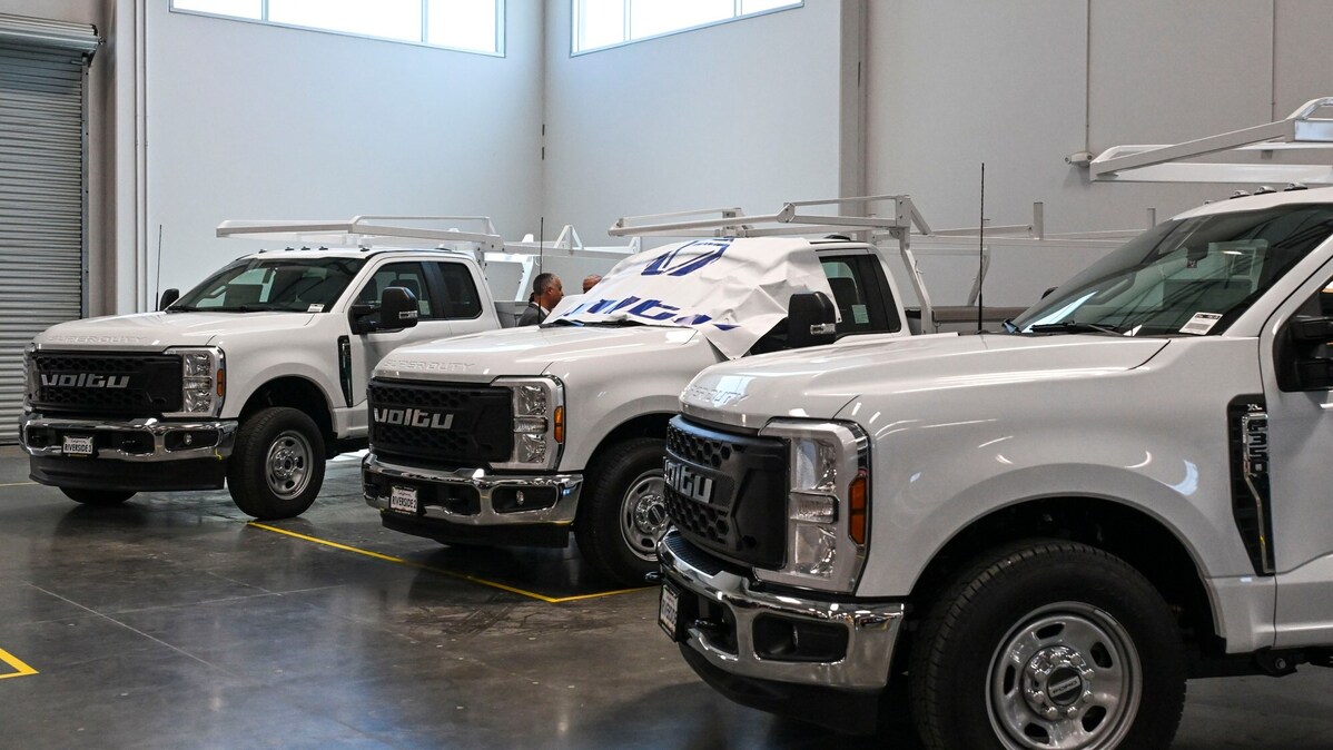 Voltu Motor’s all-electric pickup trucks are displayed at the launch ceremony for the opening of its new factory in Riverside on Tuesday, June 9, 2026. The company’s zero-emission heavy-duty pickup truck is designed for commercial use across private, service, utility, municipal, and oil and gas fleets. (Photo by Anjali Sharif-Paul, The Sun/SCNG)