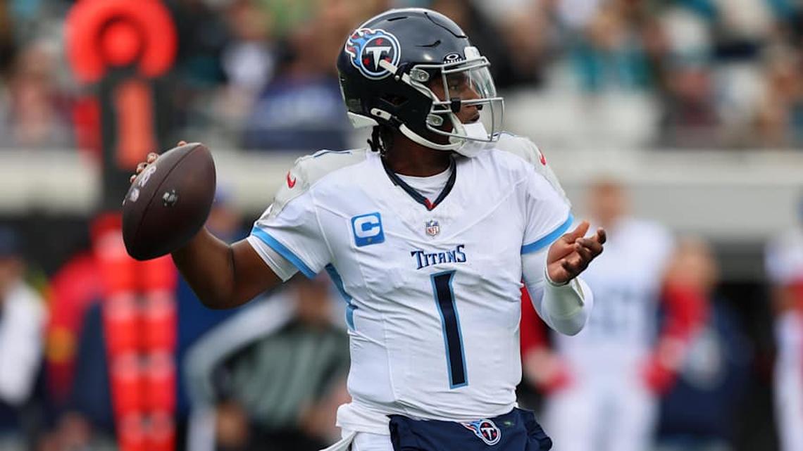  Tennessee Titans quarterback Cam Ward (1) throws a pass against the Jacksonville Jaguars during the first quarter at EverBank Stadium. Mandatory Credit: Morgan Tencza-Imagn Images | Morgan Tencza-Imagn Images 