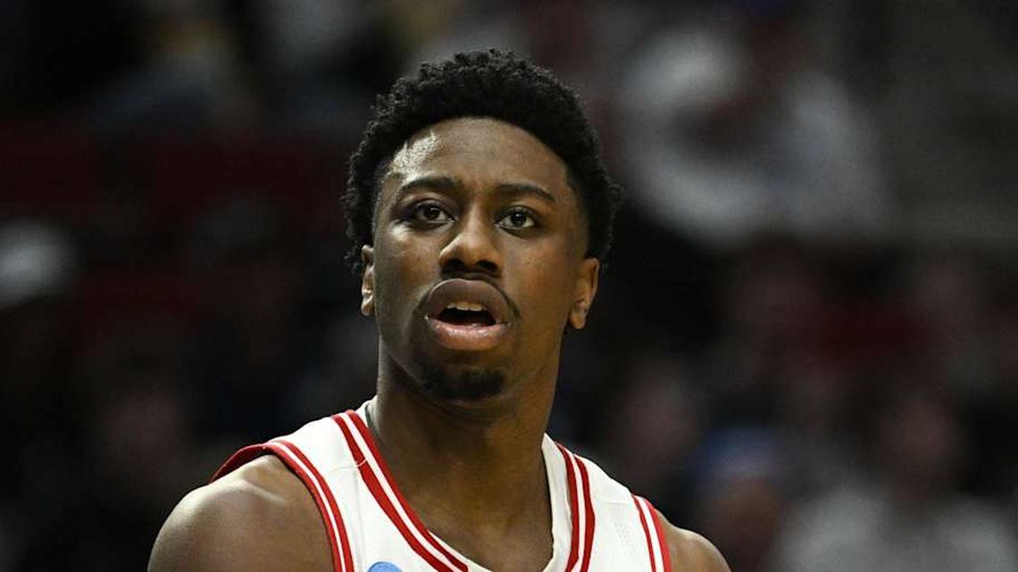  Mar 19, 2026; Portland, OR, USA; Wisconsin Badgers guard John Blackwell (25) reacts during the second half of a first round game of the men's 2026 NCAA Tournament against the High Point Panthers at Moda Center. Mandatory Credit: Troy Wayrynen-Imagn Images | Troy Wayrynen-Imagn Images 