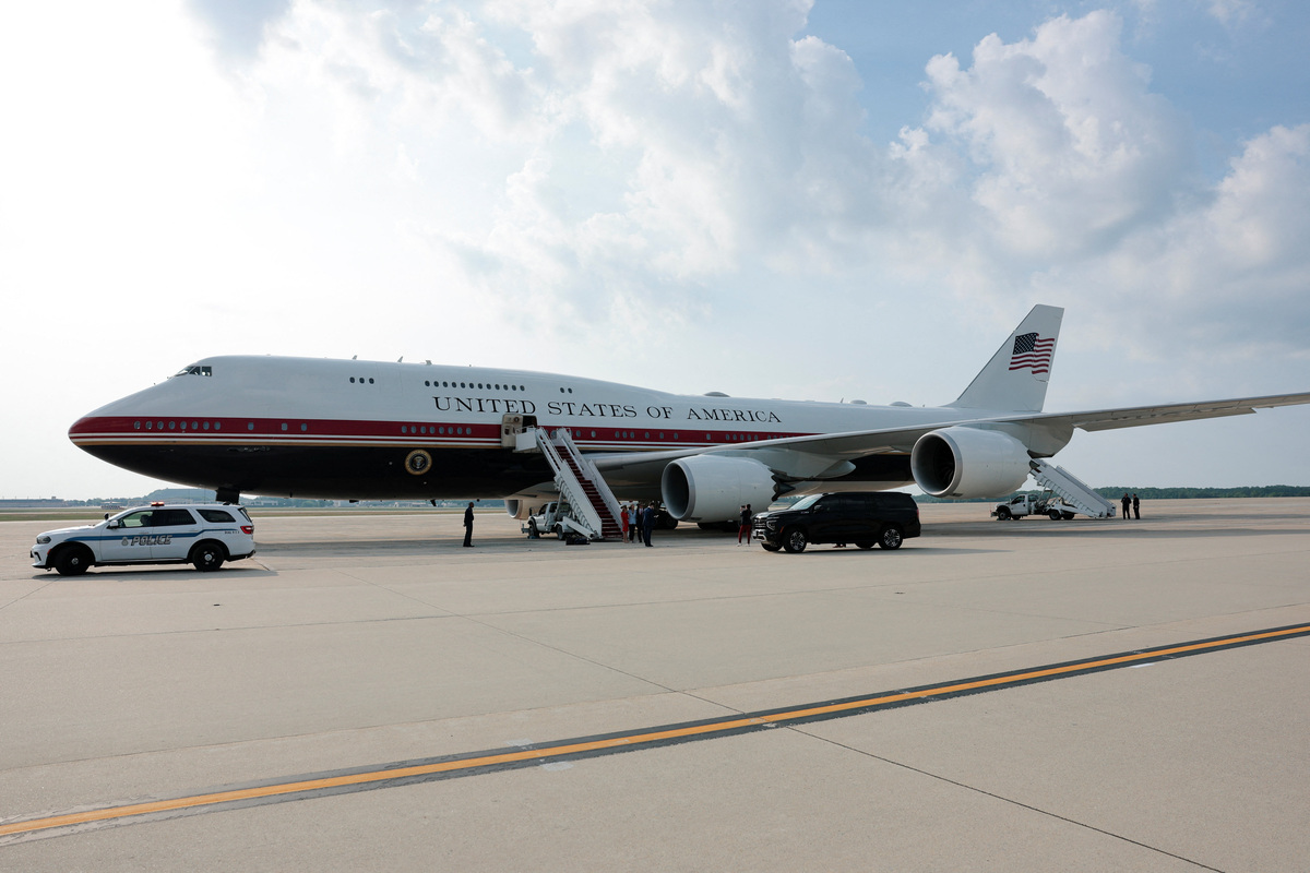 The new Air Force One, a plane gifted by the Qatari government, at Joint Base Andrews, Maryland, U.S., July 1, 2026. REUTERS/Kylie Cooper