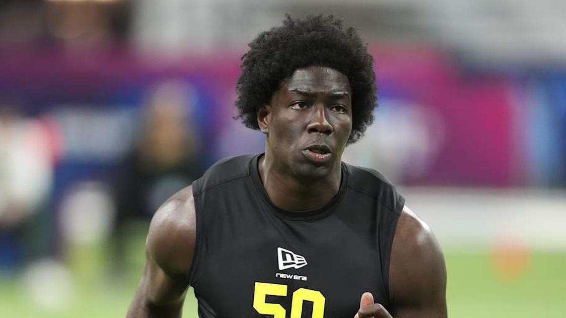  Feb 26, 2026; Indianapolis, IN, USA; Southern California defensive lineman Anthony Lucas (DL50) during the NFL Scouting Combine at Lucas Oil Stadium. Mandatory Credit: Kirby Lee-Imagn Images | Kirby Lee-Imagn Images 