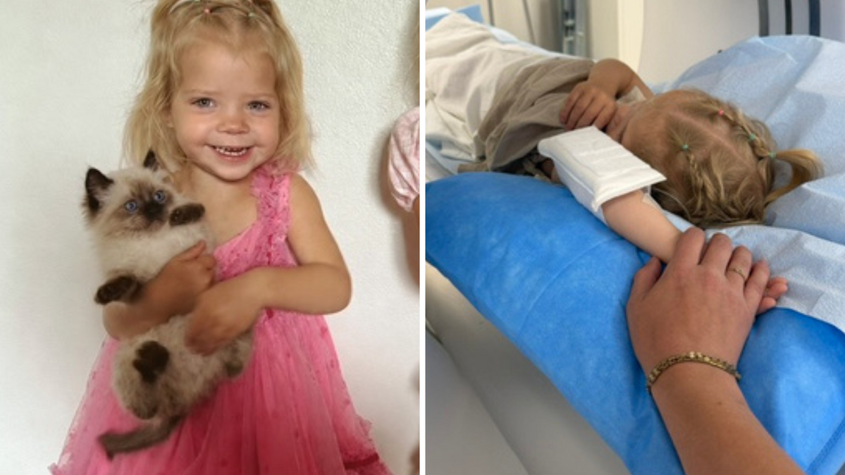 Adalae smiling while holding a kitten. Holding her mother's hand as she gets an MRI. 