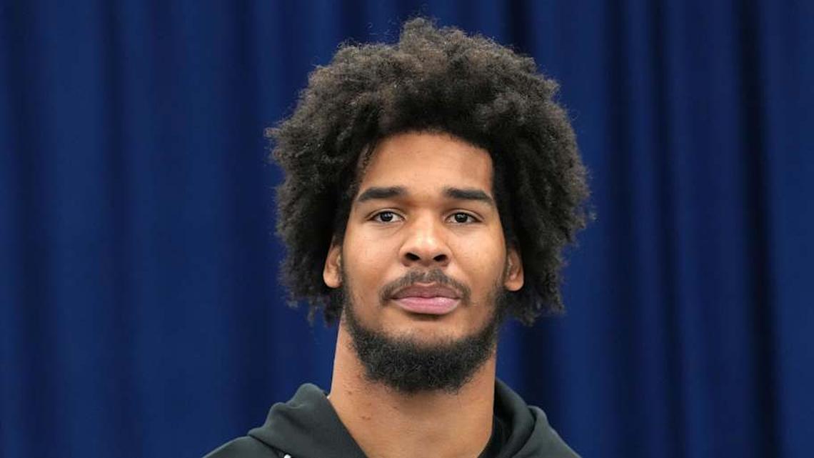  Feb 25, 2026; Indianapolis, IN, USA Southern California linebacker Eric Gentry (LB09) speaks during the NFL Scouting Combine at the Indiana Convention Center. Mandatory Credit: Kirby Lee-Imagn Images | Kirby Lee-Imagn Images 