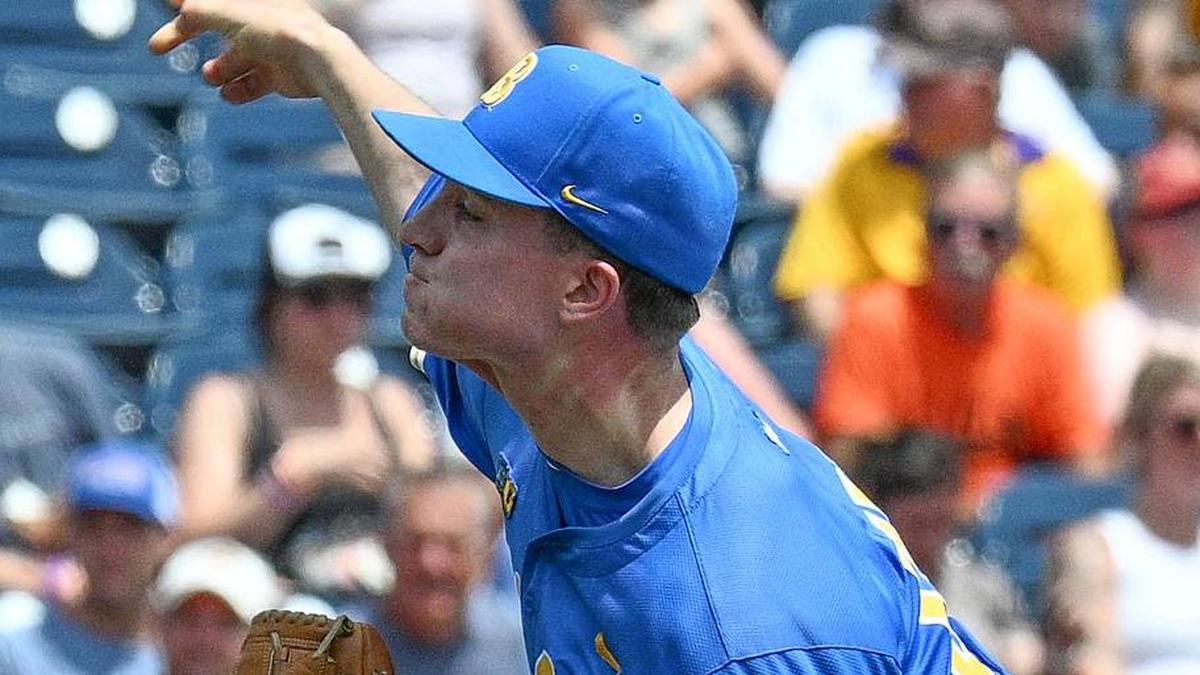  Jun 14, 2025; Omaha, Neb, USA; UCLA Bruins starting pitcher Michael Barnett (55) throws against the Murray State Racers during the first inning at Charles Schwab Field. Mandatory Credit: Steven Branscombe-Imagn Images | Steven Branscombe-Imagn Images 