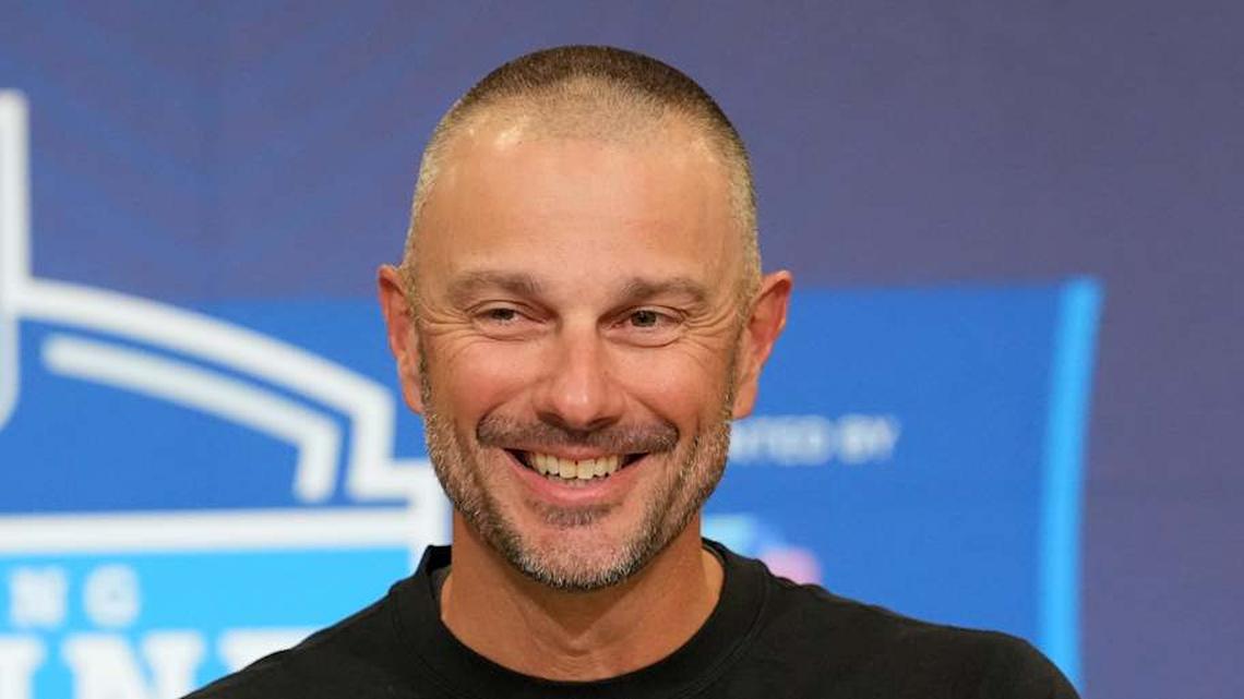  Feb 24, 2026; Indianapolis, IN, USA; Las Vegas Raiders general manager John Spytek speaks at the NFL Scouting Combine at the Indiana Convention Center. Mandatory Credit: Kirby Lee-Imagn Images | Kirby Lee-Imagn Images 