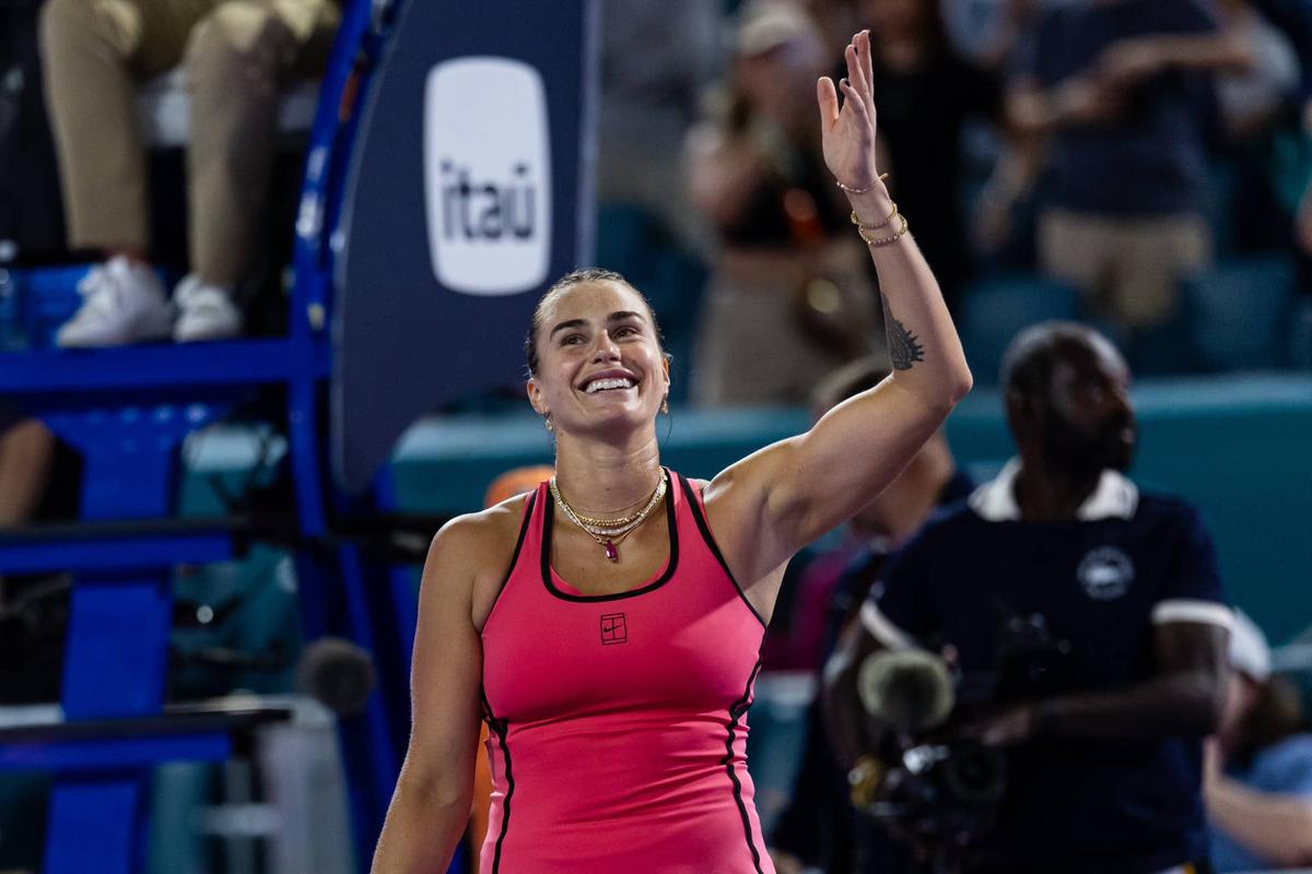 Mar 26, 2026; Miami Gardens, FL, USA; Aryna Sabalenka of Belarus celebrates her victory over Elena Rybakina of Kazakhstan in the semi-finals of the women's singles at the Miami Open at the Hard Rock Stadium. Mandatory Credit: Mike Frey-Imagn Images 